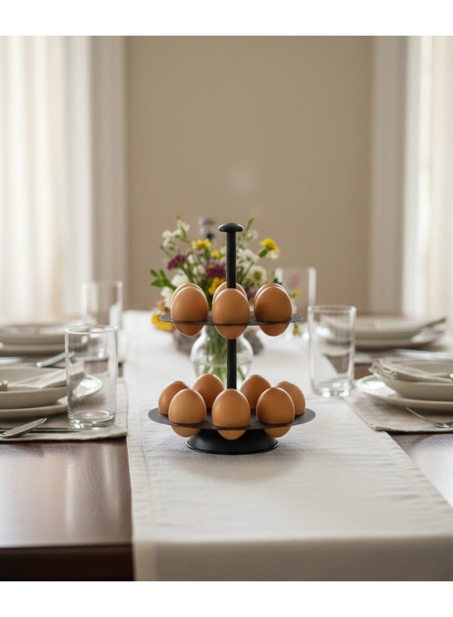 هابي هوم منظم بيض ثابت بطبقتين من المعدن – حامل تخزين البيض للمطبخ بتصميم دائري موفر للمساحة، الطابق الأول يسع 7 بيضات والطابق الثاني يسع 5 بيضات، مع قاعدة ثابتة ومقبض علوي، مناسب لطاولة المطبخ أو داخل الثلاجة، تصميم أنيق باللون الأسود - Image 3